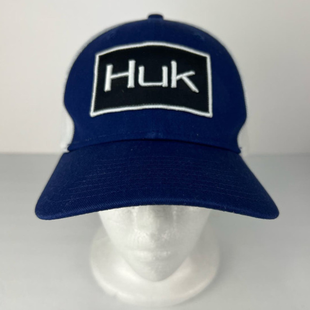 HUK FISHING PERFORMANCE NAVY BLUE Men's Patch FITTED Trucker Hat M/L‎ Hiking